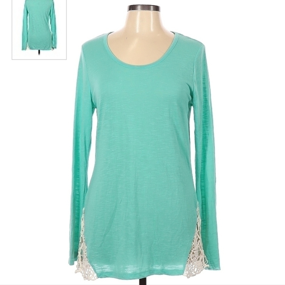 Vanity Essential Long Sleeve Top Lace Details Women's Large L Teal White Soft
